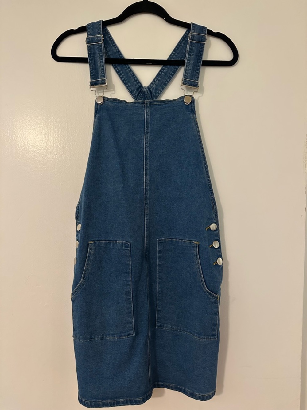 Denim Overall Dress with Front Pockets - Blue
